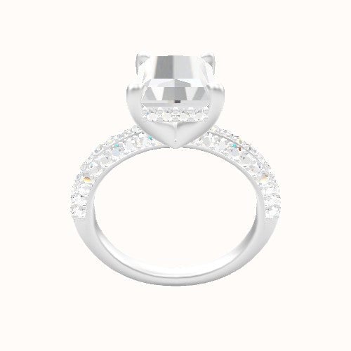 Three Row Pave Engagement Ring With V Prong with Hidden Halo Head