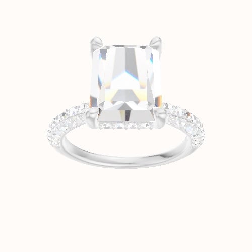 Three Row Pave Engagement Ring With V Prong with Hidden Halo Head