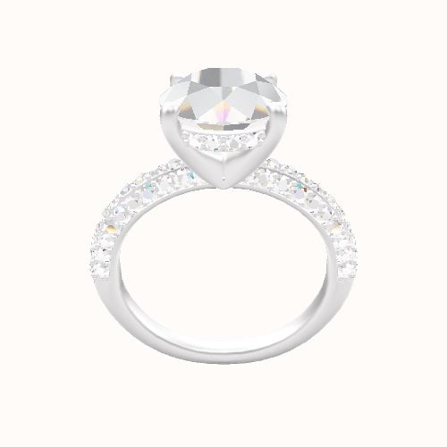 Three Row Pave Engagement Ring With V Prong with Hidden Halo Head