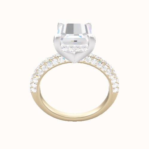 Three Row Pave Engagement Ring With V Prong with Hidden Halo Head