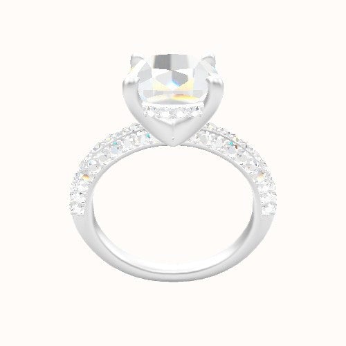Three Row Pave Engagement Ring With V Prong with Hidden Halo Head