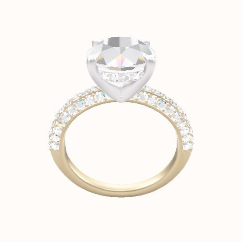 Three Row Pave Engagement Ring With V Prong with Hidden Halo Head