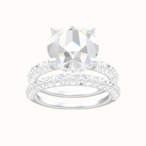 Three Row Pave Engagement Ring With V Prong with Hidden Halo Head and Matching Band