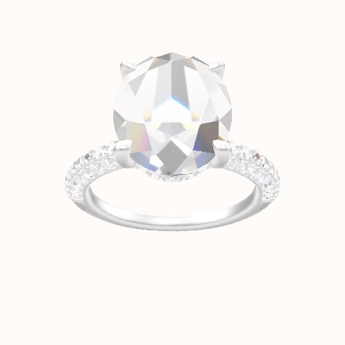 Three Row Pave Engagement Ring With V Prong with Hidden Halo Head and Matching Band