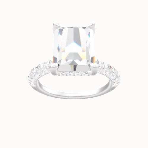 Three Row Pave Engagement Ring With V Prong with Hidden Halo Head and Matching Band