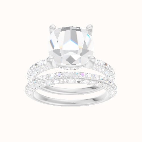 Three Row Pave Engagement Ring With V Prong with Hidden Halo Head and Matching Band