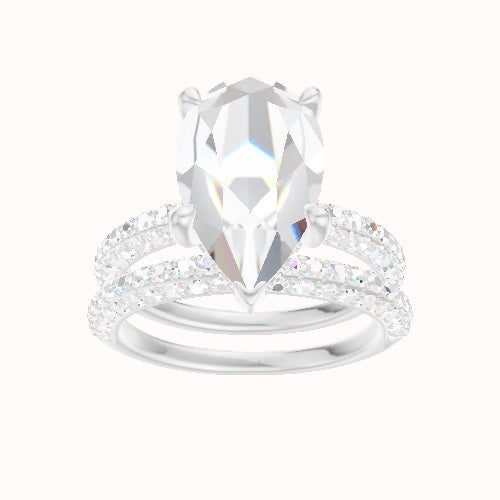 Three Row Pave Engagement Ring With V Prong with Hidden Halo Head and Matching Band