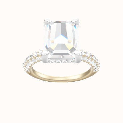 Three Row Pave Engagement Ring With V Prong with Hidden Halo Head and Matching Band