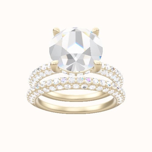 Three Row Pave Engagement Ring With V Prong with Hidden Halo Head and Matching Band