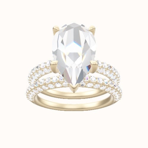 Three Row Pave Engagement Ring With V Prong with Hidden Halo Head and Matching Band