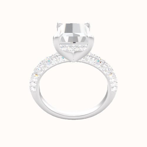 Three Row Pave Engagement Ring With V Prong with Hidden Halo Head
