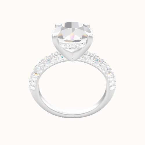 Three Row Pave Engagement Ring With V Prong with Hidden Halo Head