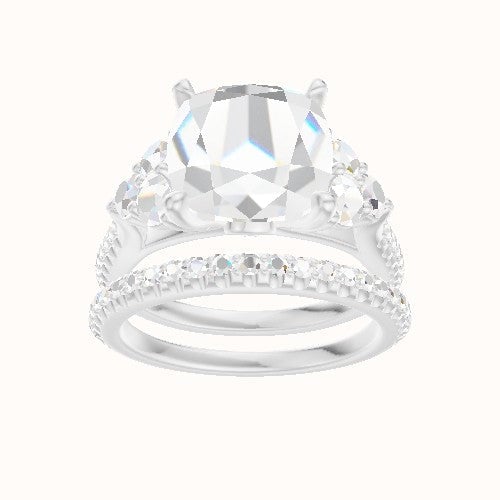 Wide Cathedral Diamond Band with Round Sidestone Trio Engagement Ring With Accent Diamond Head and Matching Band