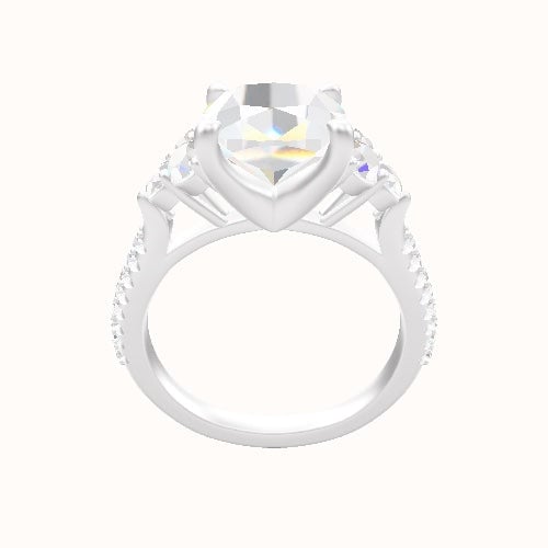 Wide Cathedral Diamond Band with Round Sidestone Trio Engagement Ring With Four Prong Head