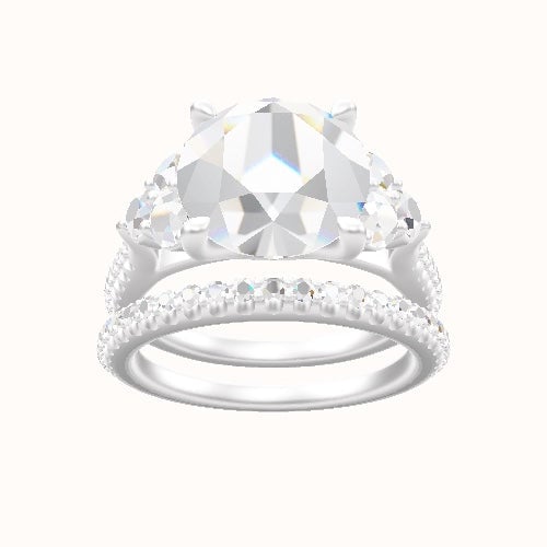 Wide Cathedral Diamond Band with Round Sidestone Trio Engagement Ring With Four Prong Head and Matching Band