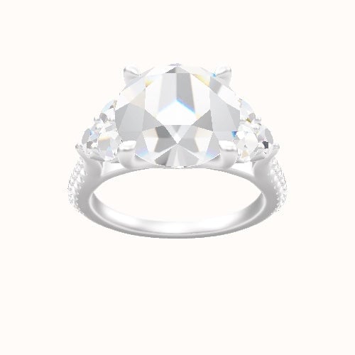 Wide Cathedral Diamond Band with Round Sidestone Trio Engagement Ring With Four Prong Head