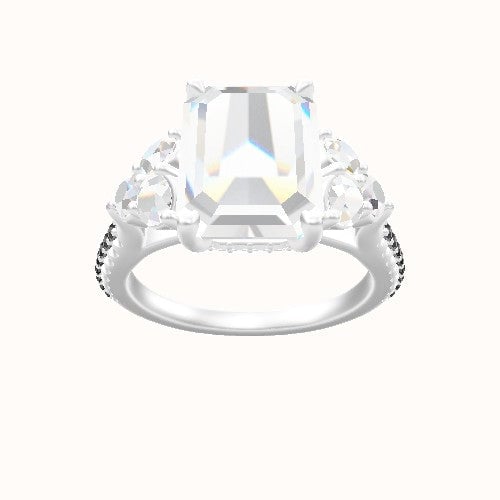 Wide Cathedral Diamond Band with Round Sidestone Trio Engagement Ring With Front set gallery Head and Matching Band
