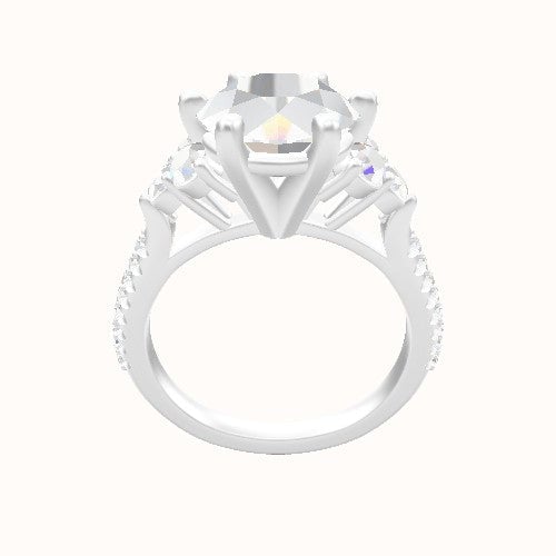 Wide Cathedral Diamond Band with Round Sidestone Trio Engagement Ring With High Set Six Prong Head