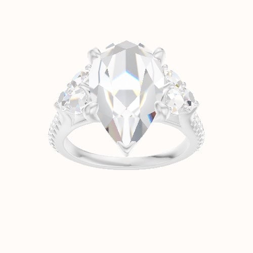 Wide Cathedral Diamond Band with Round Sidestone Trio Engagement Ring With Low Set Four Prong Head