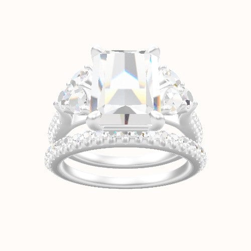 Wide Cathedral Diamond Band with Round Sidestone Trio Engagement Ring With Low Set Four Prong Head and Matching Band