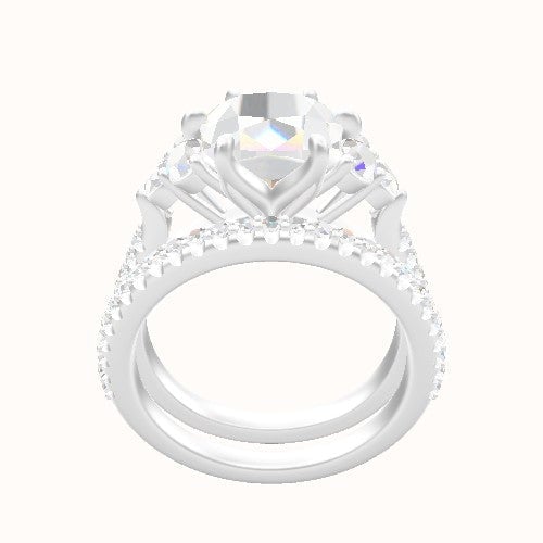 Wide Cathedral Diamond Band with Round Sidestone Trio Engagement Ring With Petal Six Prong Head and Matching Band