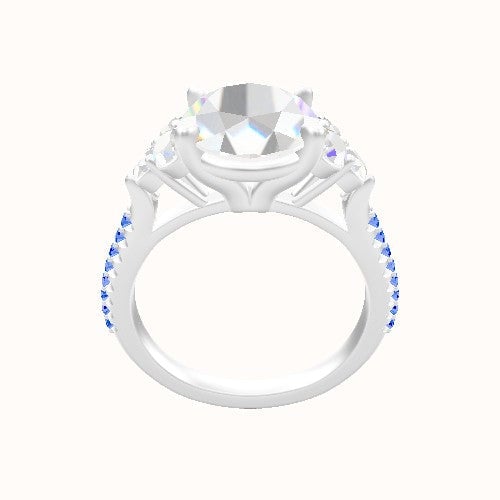 Wide Cathedral Diamond Band with Round Sidestone Trio Engagement Ring With Standard Four Prong Head