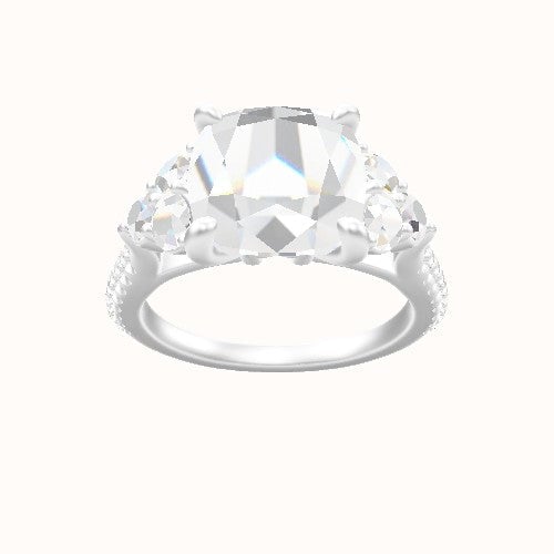Wide Cathedral Diamond Band with Round Sidestone Trio Engagement Ring With X Gallery Head and Matching Band