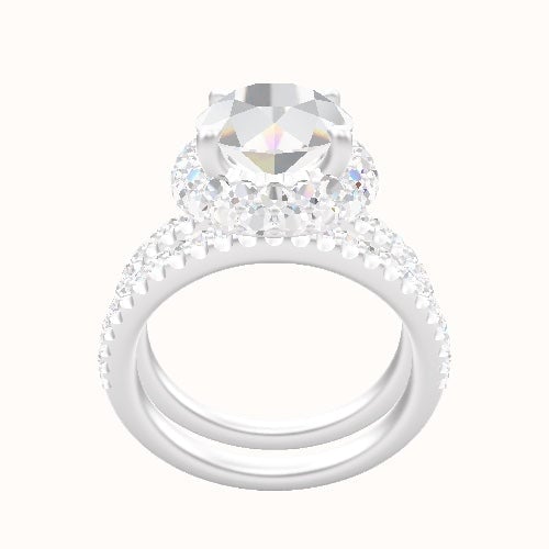 illusion Pave Engagement Ring With Low Set Waterfall Halo Head and Matching Band