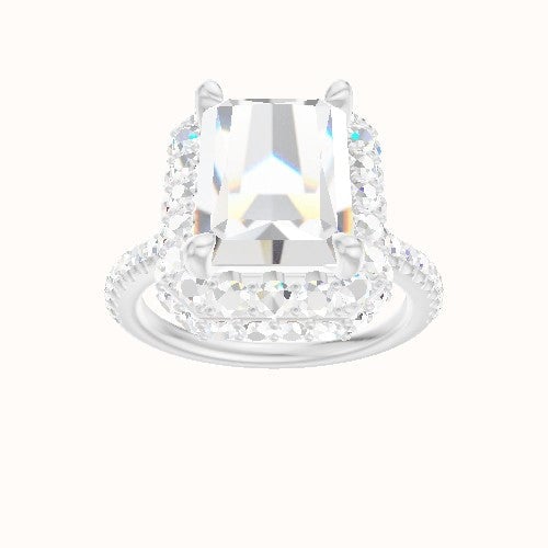 illusion Pave Engagement Ring With Low Set Waterfall Halo Head and Matching Band
