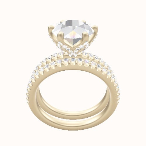 illusion Pave Engagement Ring With Pave Petal Six Prong Head and Matching Band