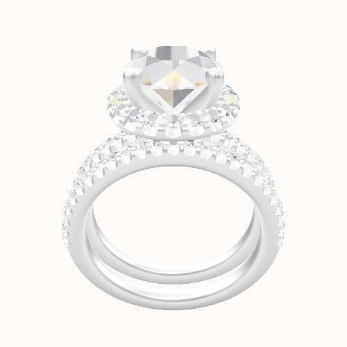 illusion Pave Engagement Ring With V Prong Halo Head and Matching Band
