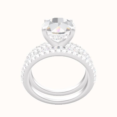 illusion Pave Engagement Ring With V Prong with Hidden Halo Head and Matching Band