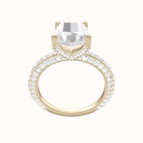 3/4 Three Row Pave Engagement Ring With Double Pave V Prong Head