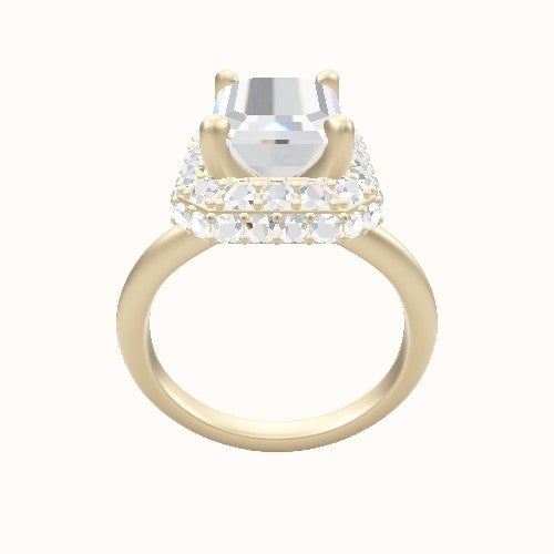 Beveled Solitaire Engagement Ring With High Set Waterfall Halo Head