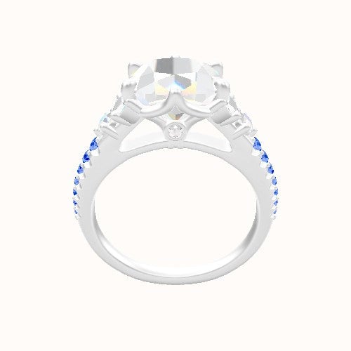 Cathedral Band with Marquise & Round Sidestone Trio Engagement Ring With Crown Six Prong w. accent Diamond Head