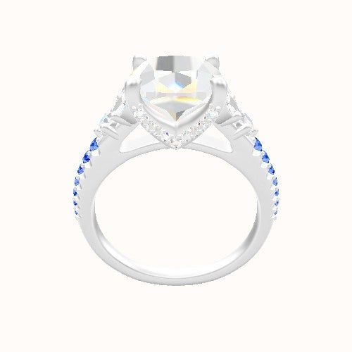 Cathedral Band with Marquise & Round Sidestone Trio Engagement Ring With Pave V Prong Head