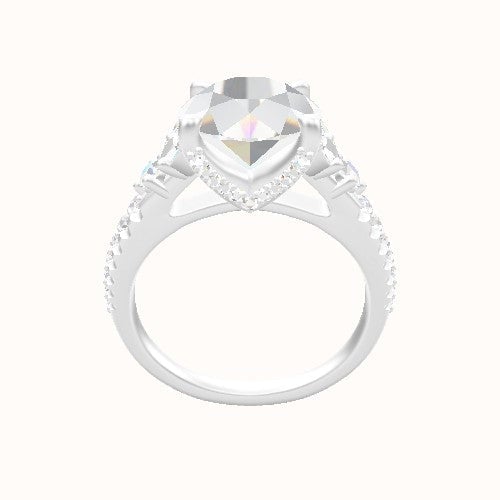 Cathedral Band with Marquise & Round Sidestone Trio Engagement Ring With Pave V Prong Head