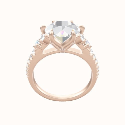 Cathedral Band with Marquise & Round Sidestone Trio Engagement Ring With Petal Six Prong Head