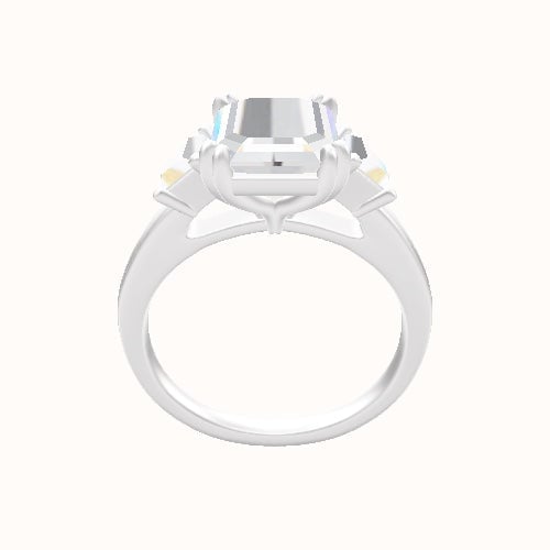 Cathedral Band with Round & Straight Baguette Sidestones Engagement Ring With Double Prongs Head