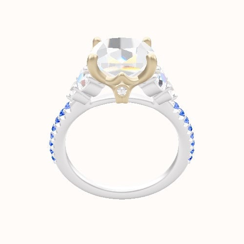 Cathedral Band with Trapezoid Sidestones Engagement Ring With Crown Four Prong w. Surprise Diamond Head