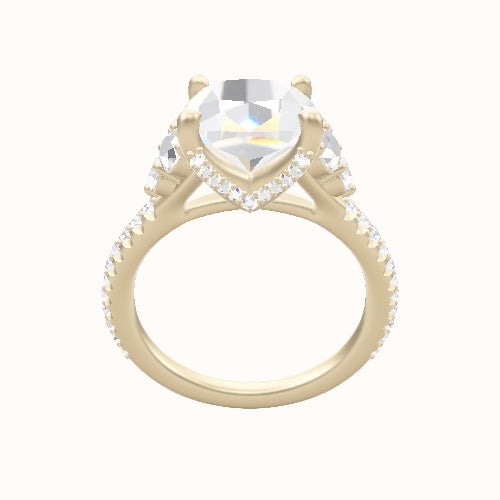 Cathedral Diamond Band with Round Sidestone Trio Engagement Ring With Pave V Prong Head