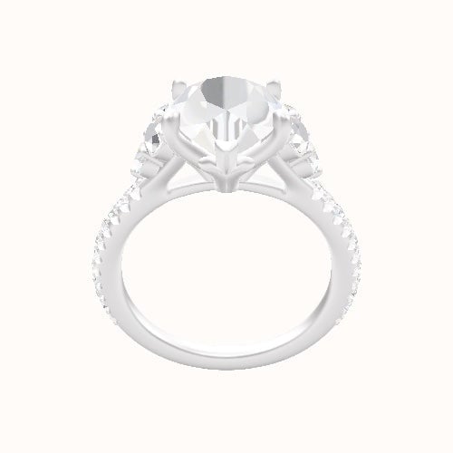Cathedral Diamond Band with Round Sidestone Trio Engagement Ring With Petal Four Prong Head