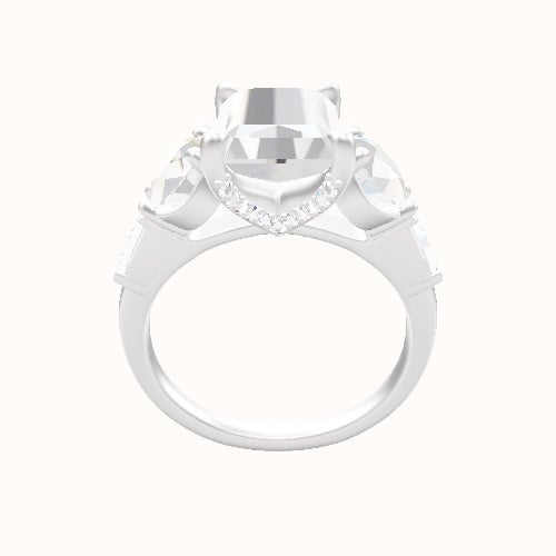Cathedral Diamond Band with Tapered Baguette Sidestones Engagement Ring With Pave V Prong Head