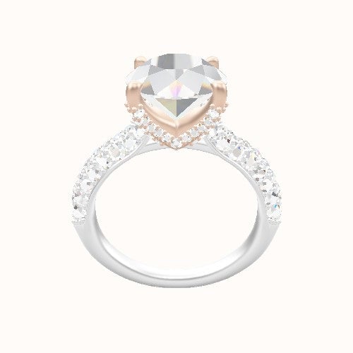 Cathedral Three Row Pave Engagement Ring With Double Pave V Prong Head
