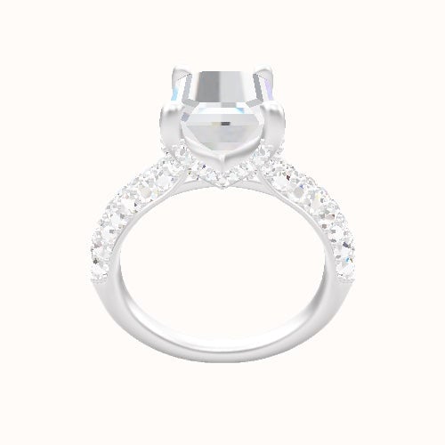 Cathedral Three Row Pave Engagement Ring With Double Pave V Prong Head