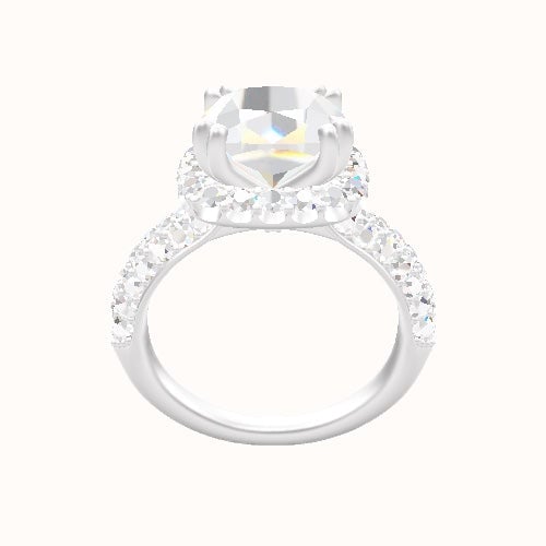 Cathedral Three Row Pave Engagement Ring With Halo with Double Prong Head
