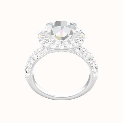 Cathedral Three Row Pave Engagement Ring With Halo with Double Prong Head