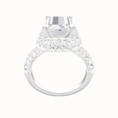 Cathedral Three Row Pave Engagement Ring With High Set Waterfall Halo Head