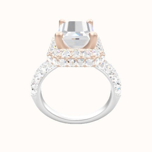 Cathedral Three Row Pave Engagement Ring With High Set Waterfall Halo Head