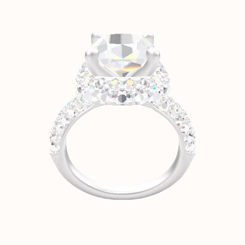 Cathedral Three Row Pave Engagement Ring With High Set Waterfall Halo Head
